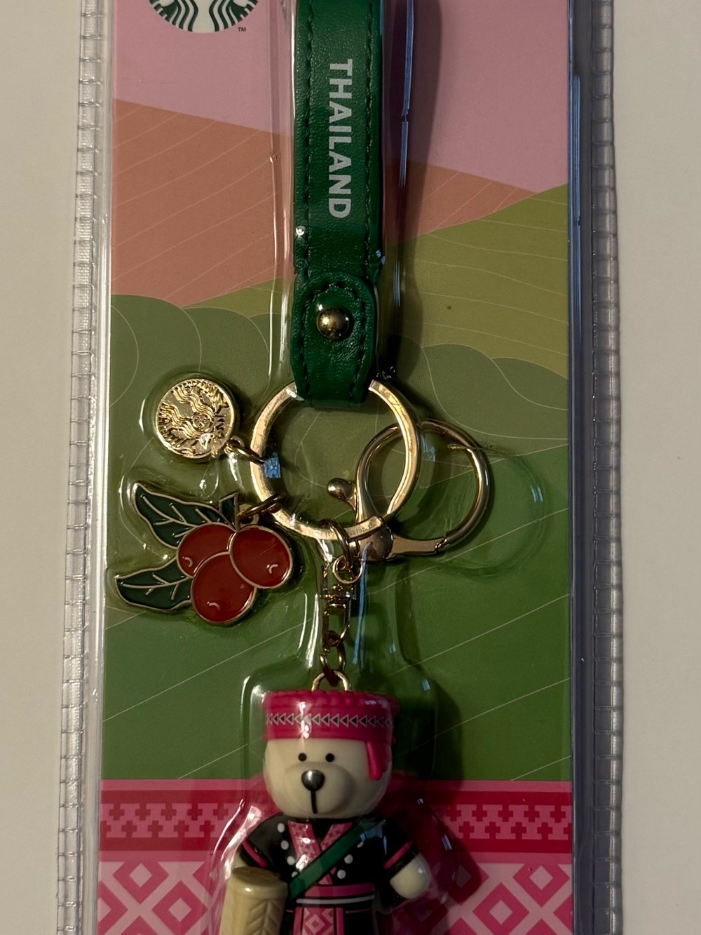 Starbucks Thailand Bear Keychain with Pink Bear and Red Cherry Charm